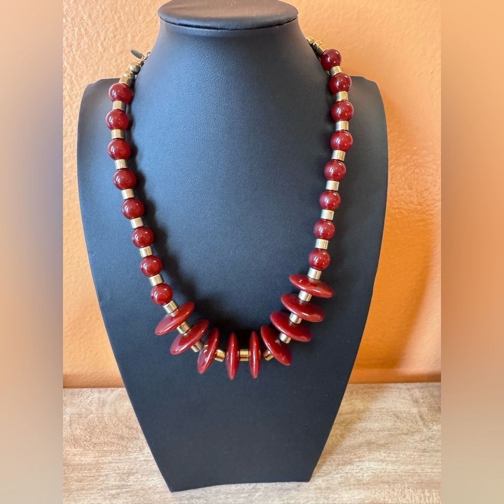 Gold Tone & Dark Red Plastic Disk Chunky Statement Necklace 80s 90s Bold Signed